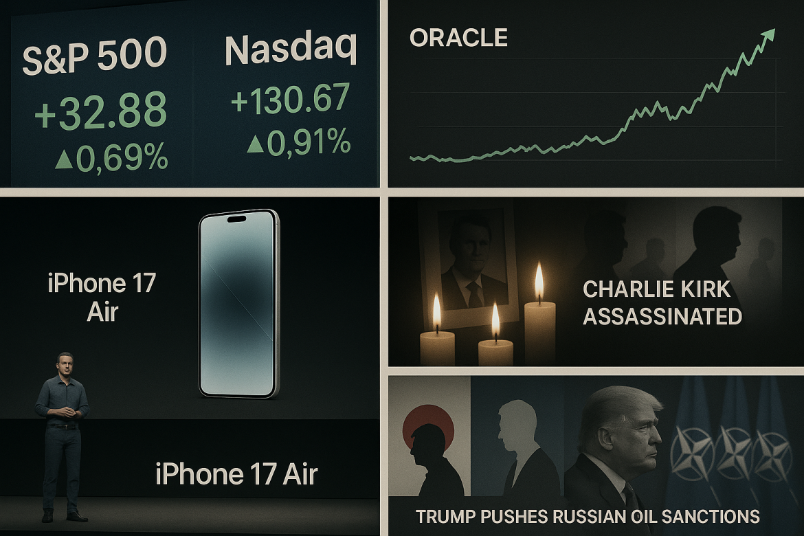 The past week delivered a mix of market gains, corporate surprises, and political upheavals across the globe. US equities posted their strongest performance in weeks, while Oracle’s cloud backlog announcement sent its stock soaring. In politics, the assassination of Charlie Kirk shocked Washington, Apple unveiled its latest iPhone lineup, and leadership changes in Japan and France underscored rising instability abroad. Meanwhile, President Trump pushed for broader sanctions on Russian oil, highlighting the ongoing geopolitical stakes shaping markets.US markets close higher for the weekU.S. equities closed the week on a strong note, marking the best performance for the S&P 500 since early August. The index rose 1.6% week-to-date, securing its fifth positive week in six. The Nasdaq advanced 2%, notching its second consecutive weekly gain, while the Dow climbed 1%, breaking a three-week losing streak.Tech, Utilities, and Communication Services sectors led the rally, with the S&P 500 Information Technology index advancing 1.91%. Oracle stood out, surging 25% during the week, while Micron gained 23%. Investors now await the Federal Reserve’s September 17 meeting, where futures markets point with near certainty to a quarter-point interest rate cut.Oracle soars on cloud backlog Oracle shares spiked after the software giant revealed its <a href="https://invezz.com/news/2025/09/10/oracle-stock-jumps-31-on-455b-cloud-backlog-analysts-cautiously-bullish/">cloud backlog had ballooned to $455 billion</a>. The company forecast that booked revenue from cloud services would surpass half a trillion dollars in the coming months.This announcement overshadowed a set of quarterly results that narrowly missed expectations. Adjusted earnings per share came in at $1.47, just below consensus estimates of $1.48, while revenue of $14.9 billion grew 12% year-on-year but fell short of forecasts. Despite muted near-term guidance, investor focus shifted to long-term growth prospects anchored by the surge in remaining performance obligations.Political shock: Charlie Kirk assassinatedA wave of political shock swept across the US <a href="https://invezz.com/news/2025/09/11/a-dark-moment-for-america-trump-blames-radical-left-for-killing-of-charlie-kirk/">following the assassination of conservative activist and presidential aide Charlie Kirk</a>, who was fatally shot during an event at Utah Valley University. Authorities later confirmed the arrest of suspect Tyler Robinson, a resident of southern Utah. Trump announced Kirk would be posthumously awarded the Presidential Medal of Freedom. Bipartisan condemnation of the killing has underscored rising concerns about political violence in the US.Apple unveils iPhone 17 lineupApple <a href="https://invezz.com/news/2025/09/09/apple-event-2025-delivers-iphone-17-series-ultra-thin-air-model-check-prices-images-here/">unveiled the iPhone 17 series</a>, headlined by the ultra-thin iPhone 17 Air. At just 5.6mm thick, the model has drawn attention for its engineering feat and $999 price point, positioned between the standard iPhone 17 ($799) and Pro models ($1,099+).The event also featured AirPods Pro 3, offering double the active noise cancellation and live translation through Apple Intelligence, alongside the Apple Watch Series 11 and redesigned Ultra 3. Pre-orders began September 12, with general availability starting September 19.Leadership shake-ups in Japan and France<a href="https://invezz.com/news/2025/09/08/the-ishiba-exit-a-shock-resignation-plunges-japans-future-into-deep-uncertainty/">Japan’s Prime Minister Shigeru Ishiba announced his resignation</a> following electoral setbacks and growing internal party rebellion, ending a brief tenure marked by political instability. The decision has set off a race to determine his successor, deepening uncertainty in the world’s fourth-largest economy.In France, <a href="https://invezz.com/news/2025/09/08/france-pm-francois-bayrou-resigns-after-losing-confidence-vote-macron-faces-deadlock/">Prime Minister François Bayrou lost a confidence vote and resigned</a>, becoming the second PM to fall during Emmanuel Macron’s presidency. President <a href="https://invezz.com/news/2025/09/09/macron-appoints-sebastien-lecornu-as-new-french-prime-minister-amid-budget-standoff/">Macron appointed Defense Minister Sebastien Lecornu as the new prime minister</a>, his fifth appointee in just two years.Trump pushes for broader sanctions on Russian oilPresident Donald Trump signaled readiness to impose “major” sanctions on Russian oil, <a href="https://invezz.com/news/2025/09/13/trump-says-us-will-sanction-russian-oil-if-nato-stops-buying-it/">contingent on unified NATO participation</a>. The <a href="https://invezz.com/news/2025/09/12/us-plans-to-urge-g7-countries-to-impose-tariffs-on-china-india-over-russian-oil/">US is also pressing G7 allies to adopt tariffs of up to 100% on Chinese and Indian imports </a>of Russian crude while also proposing a framework for seizing Russian sovereign assets to support Ukraine.The post <a href="https://invezz.com/news/2025/09/13/weekly-wrap-markets-rally-charlie-kirk-murder-iphone-17-launch-and-pms-resign/">Weekly wrap: markets rally, Charlie Kirk murder, iPhone 17 launch and PMs resign</a> appeared first on <a href="https://invezz.com/">Invezz</a>