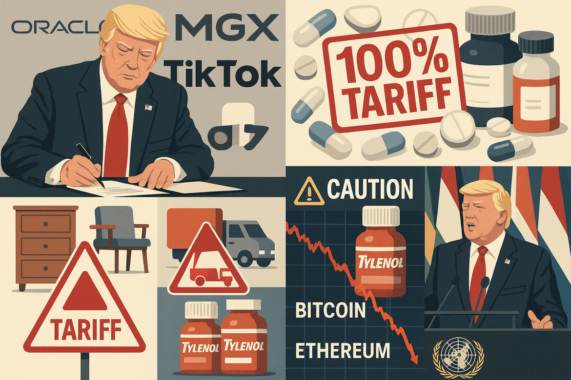 This week was marked by sweeping moves from the White House, sharp turbulence in cryptocurrency markets, and a controversial shift in US health policy. Here’s a breakdown of the key events that transpired in the week.Trump signs executive order on TikTok dealPresident Donald Trump signed an executive order approving a restructuring of <a href="https://invezz.com/news/2025/09/26/what-we-do-and-dont-know-about-the-us-tiktok-deal-with-china/">TikTok’s US operations</a>, valuing the business at around $14 billion. The deal satisfies national security requirements forcing ByteDance to divest its American unit or face a ban.Under the agreement, Oracle, Silver Lake, and Abu Dhabi’s MGX fund will control about 45% of the new entity, while ByteDance retains under 20%. Existing investors and new holders will account for another 35%. Oracle will manage security operations and continue cloud services.Notably, no ByteDance representatives were present at the signing, and China has yet to formally approve the deal. Analysts have previously estimated TikTok’s US arm could be worth $30–35 billion, highlighting a wide gap in valuations.US tariffs on pharmaceuticals, furniture, and trucksIn a separate announcement, Trump unveiled sweeping tariffs effective October 1, 2025. The most disruptive measure is a <a href="https://invezz.com/news/2025/09/26/trump-slaps-100-tariffs-on-patented-drugs-india-china-pharma-sector-brace/">100% tariff on branded and patented pharmaceutical imports</a>, a move aimed at forcing drugmakers to build plants in the US.The announcement triggered immediate selloffs in Asian and European pharma stocks, with India—responsible for about 40% of US pharma imports—seen as most exposed. Analysts warn of potential supply chain disruptions and higher US drug costs.Other industries were also targeted: <a href="https://invezz.com/news/2025/09/26/us-latest-tariffs-explained-what-trump-move-means-for-kitchens-medicines-trucks/">50% tariffs on kitchen cabinets and vanities, 30% on upholstered furniture, and 25% on heavy-duty trucks</a>. While intended to boost domestic manufacturing, the tariffs may raise consumer prices and pressure import-dependent sectors.Trump’s Tylenol remarksOn Monday, Trump linked autism to childhood vaccines and the use of Tylenol during pregnancy—claims rejected by leading medical bodies. The president, acknowledging he is not a doctor, advised pregnant women not to take Tylenol and parents to delay vaccinations.The remarks immediately hit financial markets: <a href="https://invezz.com/news/2025/09/22/kenvue-stock-sinks-to-record-low-as-trump-to-reportedly-link-tylenol-use-to-autism/">shares of Kenvue, Johnson & Johnson’s consumer-health spinoff, fell 7.1%</a> to a record low. Medical societies continue to cite data showing acetaminophen is safe during pregnancy, underscoring the gap between administration rhetoric and scientific consensus.Cryptocurrency market sees $1.5B liquidationCrypto markets endured a severe downturn on Monday, with more than <a href="https://invezz.com/news/2025/09/22/crypto-markets-crash-1-5b-liquidated-as-ethereum-bitcoin-lead-monday-selloff/">$1.5 billion in long positions liquidated</a> in just 24 hours. Ethereum plunged nearly 9% to $4,075 after close to half a billion dollars in leveraged bets were unwound. Bitcoin dropped 3% to around $111,998, while altcoins like Solana and XRP saw steeper losses.The mass liquidation dragged total crypto market capitalization below $4 trillion, erasing weeks of gains. Analysts cited high leverage, regulatory scrutiny of ETFs and stablecoins, and global macro uncertainty as key drivers of the selloff.On Saturday, the total crypto market capitalization was at $3.77 trillion. Major cryptocurrencies also continued to weaken with Bitcoin trading at $109,294, down by over 5% in the last 7 days and Ethereum at $4011.8, trading in red by more than 10% from the previous week. Nvidia commits $100B to OpenAI for AI data center expansionIn a major move within the technology and AI sector, Nvidia Corp. announced it will invest up to $100 billion in OpenAI to support the construction of new data centers and infrastructure capable of running large-scale artificial intelligence workloads. The announcement follows the signing of a letter of intent outlining a strategic partnership between the two companies.The investment will fund OpenAI’s development of data centers with a total capacity of 10 gigawatts, powered by Nvidia’s advanced AI chips, enabling the training and deployment of AI models at unprecedented scale. Nvidia and OpenAI said the first gigawatt of systems will be deployed in the second half of 2026 on the Nvidia Vera Rubin platform.Analysts note that the partnership could bolster Nvidia’s position in the AI hardware market while accelerating OpenAI’s model deployment capabilities, highlighting investor enthusiasm for large-scale AI infrastructure investments.Trump attacks the UN in General Assembly speechIn his address to the United Nations, <a href="https://invezz.com/news/2025/09/23/trump-attacks-the-un-over-migration-wars-and-funding-issues-in-fiery-speech/">Trump accused the body of failing to support US foreign policy and wasting resources on migration</a>. He criticized the UN as offering “nothing but empty words” and claimed it was financing illegal migration rather than curbing it.The president also stressed domestic achievements, citing lower inflation and wage growth, while framing his protectionist trade stance as essential to safeguarding US industry.The post <a href="https://invezz.com/news/2025/09/27/weekly-wrap-tiktok-deal-pharma-tariffs-crypto-crash-and-nvidia-openai-deal/">Weekly wrap: TikTok deal, pharma tariffs, crypto crash and Nvidia OpenAI deal</a> appeared first on <a href="https://invezz.com/">Invezz</a>