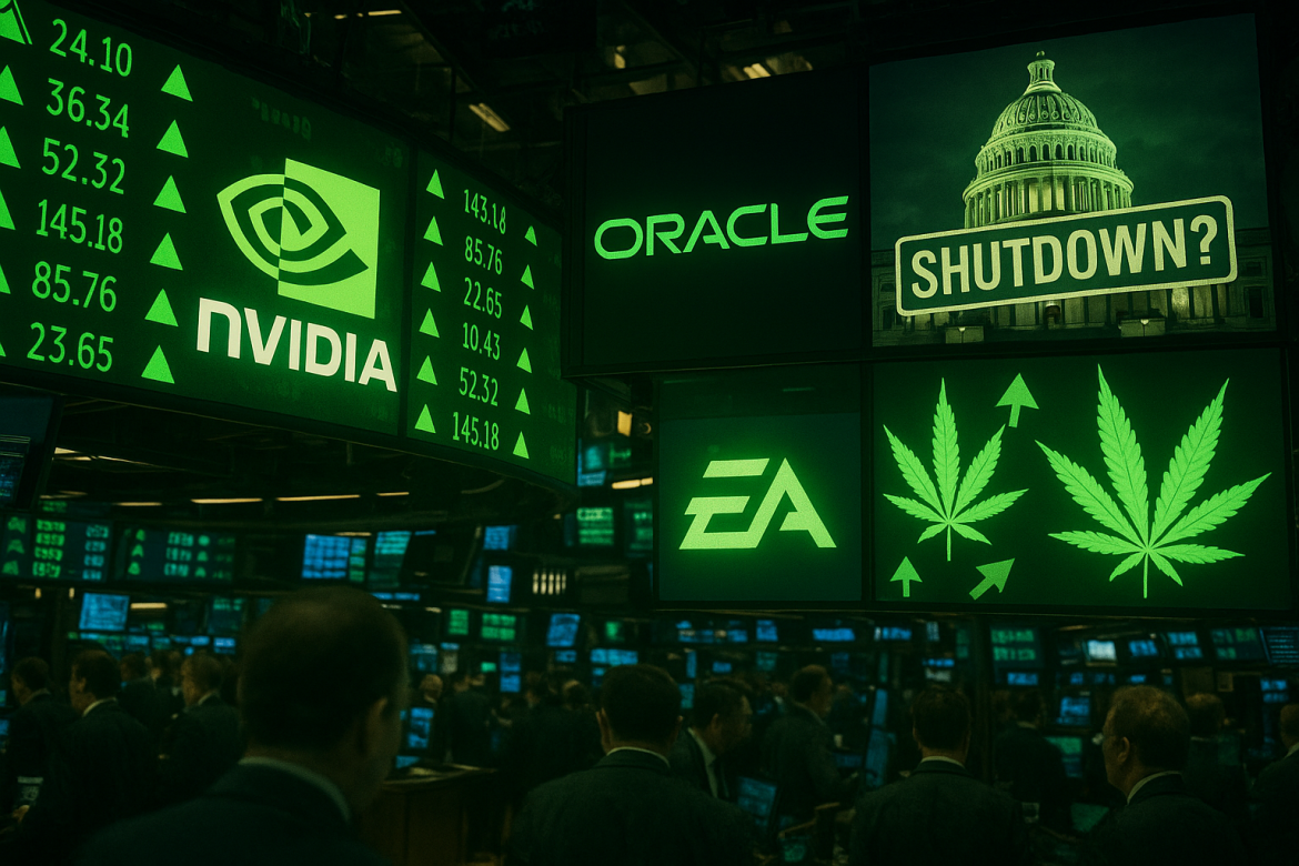 Stocks edged higher on Monday as Wall Street attempted to recover from last week’s pullback, when concerns about the durability of the artificial intelligence trade weighed on broader markets. The S&P 500 was up 0.32% to 6,665.29. The tech heavy Nasdaq 100 was trading 0.68% higher at 22,636.124. The Dow Jones Industrial Average in contrast opened 14 points lower on Monday. Gains in AI-related names, along with merger activity and sector-specific moves, helped lift sentiment in early trading.AI stocks rebound after pressureAI-linked stocks Oracle gained about 1% while Nvidia surged more than 2% in trading, reversing some of last week’s weakness. Both companies had been under pressure after skepticism emerged around the scalability of artificial intelligence infrastructure. Some traders questioned whether sufficient energy resources existed to support <a href="https://invezz.com/news/2025/09/22/nvidia-to-back-openai-with-100b-data-centre-investment/">Nvidia’s partnership with OpenAI</a>, contributing to the previous sell-off.Despite the concerns, Nvidia and Oracle staged modest recoveries to start the week. Their performance remains closely watched, given their outsized influence on the AI theme that has underpinned much of the equity rally in 2025.Last week, cracks in the AI narrative weighed heavily on indices. The S&P 500 suffered its worst weekly decline since August 1, closing 0.8% below its record high. The Nasdaq recorded its weakest week since early August, while the Dow Jones Industrial Average posted its first weekly loss in three weeks.M&A activity and stock moversMerger activity provided an additional lift to sentiment. Shares of Electronic Arts jumped nearly 5% after the <a href="https://invezz.com/news/2025/09/29/ea-strikes-deal-to-go-private-how-much-will-shareholders-receive/">company announced a $55 billion deal to be taken private</a> by a consortium including Saudi Arabia’s Public Investment Fund, Silver Lake, and Affinity Partners. The transaction marks the largest leveraged buyout in history. Goldman Sachs reported that US M&A activity has surpassed $1 trillion year-to-date, up 29% from the same period a year ago.Other notable movers included cannabis stocks, which surged after President Donald Trump posted a video on Truth Social promoting the benefits of cannabinoids for seniors. The AdvisorShares Pure U.S. Cannabis ETF (MSOS) soared 19%, while Aurora Cannabis gained 22%.Novo Nordisk fell 2.6% following a downgrade from Morgan Stanley to underweight from equal weight, with analysts citing growing competition in the GLP-1 drug market.Lam Research advanced 3% after Deutsche Bank upgraded the semiconductor equipment maker to buy from hold, citing improving demand prospects for wafer fabrication equipment and a more favorable valuation.AppLovin rose 5.1% after Morgan Stanley raised its price target to $750 from $480, pointing to the October 1 launch of the company’s self-serve tool for non-gaming advertisers as a major growth catalyst.Meanwhile, Boeing fell 1.3%, showing sell-off after Friday’s 3.6% rally as the Federal Aviation Administration signaled it would ease restrictions on issuing airworthiness certificates for some 737 Max aircraft. Intel slipped 3.5% as its recent sharp rally left the stock in technically overbought territory, with a relative strength index of 80.Macro outlook in focusInvestors are also bracing for political and economic developments this week. A potential US government shutdown looms as Congress faces a funding deadline. Over the weekend, President Trump told NBC News that mass firings of federal workers could take place if lawmakers fail to reach a deal.On the economic front, markets are looking ahead to Friday’s release of the September nonfarm payrolls report. Many investors are hoping for a “goldilocks” outcome — job growth strong enough to signal resilience but not so hot as to reignite fears of tighter Federal Reserve policy.The post <a href="https://invezz.com/news/2025/09/29/us-stocks-rise-in-green-as-ai-names-power-wall-street/">US stocks rise in green as AI names power Wall Street</a> appeared first on <a href="https://invezz.com/">Invezz</a>