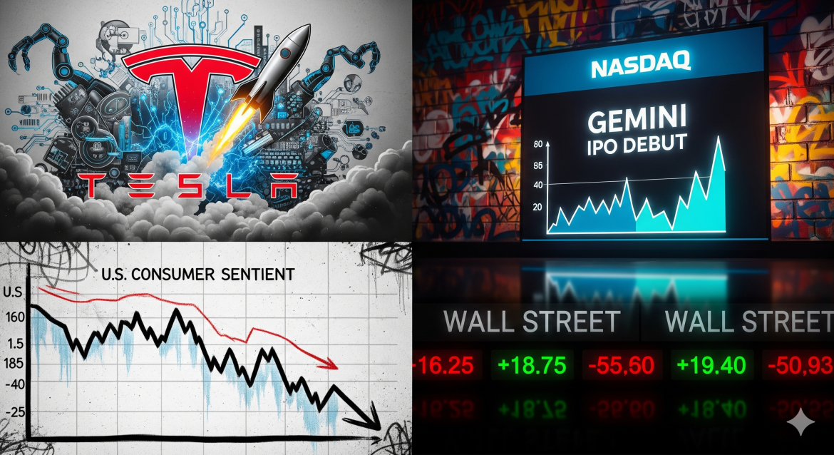Markets ended the week with a mix of corporate developments, economic data, and breaking news shaping investor sentiment. Tesla shares’ sharp rebound, weakening US consumer confidence, the capture of a high-profile murder suspect, Gemini’s upcoming stock debut, and fresh moves in US equities all made headlines Friday.Tesla stock surges on optimism<a href="https://invezz.com/news/2025/09/12/tesla-stock-is-skyrocketing-7-today-as-tesla-chair-backs-musk-as-generational-leader/">Tesla shares climbed more than 7% on Friday</a>, reversing recent weakness and signaling renewed investor confidence despite ongoing concerns over sluggish vehicle sales and stretched valuations. The rally also comes as Chief Executive Elon Musk shifts strategic focus toward artificial intelligence and robotics, raising questions about the company’s long-term direction.Tesla Chair Robyn Denholm publicly defended Musk’s leadership in a Bloomberg TV interview, calling him a “generational leader.” Denholm noted that while Musk may not remain CEO indefinitely, the board has considered alternative roles, such as chief product officer, under a proposed compensation package potentially worth $1 trillion. The plan, announced last week, is set for a shareholder vote in November.US consumer confidence weakens<a href="https://invezz.com/news/2025/09/12/us-consumer-confidence-drops-again-in-september-as-inflation-fears-mount/">US consumer sentiment fell for a second consecutive month in September</a>, highlighting growing household concerns about economic conditions. The University of Michigan’s preliminary Consumer Sentiment Index dropped to 55.4 from 58.2 in August, below market expectations of 58.The decline reflects a 4.8% month-over-month drop, partially reversing summer gains. Joanne Hsu, director of the Surveys of Consumers, said households remain worried about business conditions, labor markets, and inflation. Reports of personal finances also eased, with both current and expected measures declining by about 8%.Suspect arrested in Charlie Kirk murderAuthorities announced Friday that <a href="https://invezz.com/news/2025/09/12/charlie-kirks-murder-suspect-is-in-custody-trump-says-with-a-high-degree-of-certainty/">a suspect has been arrested in connection with the fatal shooting of conservative activist Charlie Kirk</a> at Utah Valley University earlier this week. President Donald Trump confirmed the arrest during a Fox News segment.The suspect, identified as 22-year-old Tyler Robinson from Washington County, Utah, was taken into custody following a manhunt that included the release of security footage and a public appeal for assistance. Robinson had been living with his family in southern Utah.Gemini makes splashy Nasdaq debutIn a milestone for the digital asset sector, Gemini is set to list on the Nasdaq following a heavily oversubscribed initial public offering. The <a href="https://invezz.com/news/2025/09/12/gemini-stock-to-debut-on-nasdaq-after-20x-oversubscribed-425m-ipo/">cryptocurrency exchange raised $425 million at $28 per share</a>, pricing its IPO above earlier expectations.Founded in 2014 by Cameron and Tyler Winklevoss, Gemini’s strong investor demand underscores rising confidence in established players within the crypto space. The offering was oversubscribed by 20 times, highlighting robust institutional and retail interest ahead of the listing.US markets close mixedU.S. equities ended the week with a mixed performance as investors assessed economic signals ahead of the Federal Reserve’s policy decision next week.The Nasdaq Composite rose 0.4% and hit a new high, led by Tesla’s sharp gains. The S&P 500 fell 0.05%, while the Dow Jones Industrial Average fell 273 points, or 0.6%. Market participants interpreted weakening labor data and softer inflation trends as signs that the Fed may cut interest rates in the near term.The post <a href="https://invezz.com/news/2025/09/12/us-digest-tesla-surge-consumer-sentiment-dips-gemini-makes-debut/">US digest: Tesla surge, consumer sentiment dips, Gemini makes debut</a> appeared first on <a href="https://invezz.com/">Invezz</a>