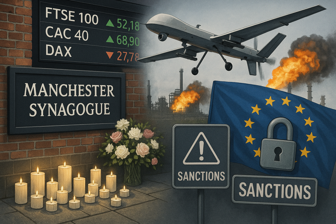 On Friday, Europe saw developments across geopolitics and financial markets, with an update from the unfortunate attack in Manchester on Thursday.A deadly attack at a Manchester synagogue, activity in the European stock markets, and updates on EU sanctions against Russia dominated headlines. Manchester synagogue attack and police responseIn a tragic incident during Yom Kippur, two men were killed at a Manchester synagogue, and police revealed that at <a href="https://invezz.com/news/2025/10/03/manchester-synagogue-attack-uk-police-gunfire-may-have-killed-worshipper/">least one victim may have been accidentally shot by officers intervening to stop the attacker</a>.The assailant, 35-year-old Jihad Al-Shamie, a British citizen of Syrian descent, used his car to ram pedestrians outside the synagogue before moving inside and stabbing congregants. Armed police shot and killed the attacker just three minutes after the attack began.The victims, 53-year-old Adrian Daulby and 66-year-old Melvin Cravitz, were longtime members of the Heaton Park Hebrew Congregation. Several others were injured in the chaos, including from gunfire, stabbing, and vehicle impact.Greater Manchester Police Chief Constable Stephen Watson expressed regret over the accidental shooting of worshippers but emphasized that officers had to act quickly to prevent further loss of life. Prime Minister Keir Starmer visited the synagogue to offer support, emphasizing security, unity, and vigilance against hate crimes.European stock market performanceEuropean equity markets traded mostly higher on Friday as investors assessed services sector activity and producer prices across the Eurozone. The FTSE 100 advanced 0.67% boosted by a 4.45% gain in Bunzl. The CAC 40 rose 0.31%, with Kering climbing 3.82%, while the Euro Stoxx 50 improved 0.10% and Sanofi gained 2.07%. The DAX was an exception, falling 0.18% as Siemens Energy dropped 2.21%.In currency markets, the Euro strengthened 0.24% against the US dollar to $1.17435, while the pound rose 0.28% to $1.34779. Investors are closely monitoring developments in the Middle East following statements from US President Donald Trump regarding peace proposals for Gaza.French budget draft rejected In France, political tensions remain over the national budget. French Socialist Party leader Olivier Faure criticized Prime Minister Sébastien Lecornu’s draft budget, calling it “very inadequate” and insufficient in addressing tax policies for the ultra-rich. Faure highlighted that while some taxes are being reduced and others created, the draft fails to fundamentally change fiscal responsibility, leaving ordinary citizens to bear the burden.Ukrainian drone strike on Russian refineryThe Ukrainian Security Service reported that its Central Operational Command A successfully struck the Orsk oil refinery in Russia using long-range drones, covering 1,400 km. The refinery produces around 30 types of oil products with an annual capacity of 6.6 million tons. These attacks follow previous Russian strikes on Ukrainian military and infrastructure sites in Kharkiv and Poltava regions.EU extends sanctions against RussiaThe European Council announced an extension of sanctions against Russian individuals and entities responsible for destabilizing activities abroad until October 9, 2026. The measures include asset freezes, travel bans, and prohibitions on providing funds or economic resources. Introduced in 2024 and expanded in 2025, these sanctions target hybrid threats to EU security and include provisions against Russian media involved in disinformation campaigns.The post <a href="https://invezz.com/news/2025/10/03/europe-bulletin-manchester-synagogue-attack-aftermath-stocks-close-higher/">Europe bulletin: Manchester synagogue attack aftermath, stocks close higher</a> appeared first on <a href="https://invezz.com/">Invezz</a>