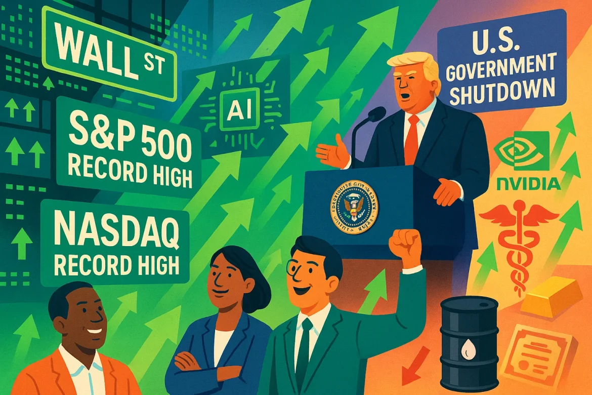 The S&P 500 hit a new record high on Thursday, with investors largely brushing aside worries over the ongoing US government shutdown.The benchmark index gained 0.2%, while the Nasdaq Composite advanced 0.6% to reach its own record level. The Dow Jones Industrial Average added about 31 points, or 0.1%. The market sentiment seems to be driven by private data amid the government shutdown. The investors closely analysed Wednesday’s ADP report, which missed expectations and bolstered hopes for Federal Reserve rate cuts later this month.On Thursday, the chip stocks are witnessing a global boom with major partnerships in play, while Treasury yields and gold prices reflected caution amid uncertainty.Wall Street open: What happened in pre-market trade?US markets displayed modest gains with <a href="https://invezz.com/news/2025/10/02/dow-futures-trade-lower-on-thursday-5-things-to-know-before-wall-street-opens/">futures tied to S&P 500 and the Nasdaq advancing</a> amid tech boom.The investors are getting more optimistic about a possible rate cut this month as Wednesday’s ADP report highlighted a cooling labor market with a loss of 32,000 jobs in September.Sector-wise, tech stocks and healthcare led the gains, continuing their strong momentum from the previous session, where the S&P 500 closed at a record high.The energy sector saw notable activity as Occidental Petroleum’s shares surged pre-market after Berkshire Hathaway announced a significant acquisition of Occidental’s petrochemical division.Commodities reflected mixed trends; gold prices hit a fresh record due to safe-haven demand amid shutdown jitters, while crude oil slipped on speculation about potential OPEC+ production increases.Treasury yields dropped sharply as investors sought the safety of bonds, further signaling market anticipation of looser monetary policy.Overall, the market remained resilient despite the lack of fresh economic data, driven by policy hopes and corporate developments.Trump sees shutdown as opportunityAs the US government shutdown enters its second day on Thursday, the investors are looking more settled as Wall Street has a history of ignoring short-term political deadlocks.But what is of particular concern is making financial decisions without key economic data points.The Trump administration also indicated that if the government shutdown extends beyond a certain point, many federal workers may face layoffs.Going a step further in his political campaign, US President Donald Trump said on Thursday that with the shutdown, he has received an “unprecedented opportunity” to slash “Democrat Agencies.”In a post on Truth Social, Donald Trump said:<blockquote>I have a meeting today with Russ Vought, he of PROJECT 2025 Fame, to determine which of the many Democrat Agencies, most of which are a political SCAM, he recommends to be cut, and whether or not those cuts will be temporary or permanent. I can’t believe the Radical Left Democrats gave me this unprecedented opportunity. They are not stupid people, so maybe this is their way of wanting to, quietly and quickly, MAKE AMERICA GREAT AGAIN! President DJT</blockquote>The development indicates that the United States must brace for a long shutdown as both Republicans and Democrats are nowhere near a deal.The post <a href="https://invezz.com/news/2025/10/02/wall-street-open-sp-500-hit-fresh-records-trump-uses-shutdown-as-opportunity/">Wall Street open: S&P 500 hit fresh records; Trump uses shutdown as opportunity</a> appeared first on <a href="https://invezz.com/">Invezz</a>