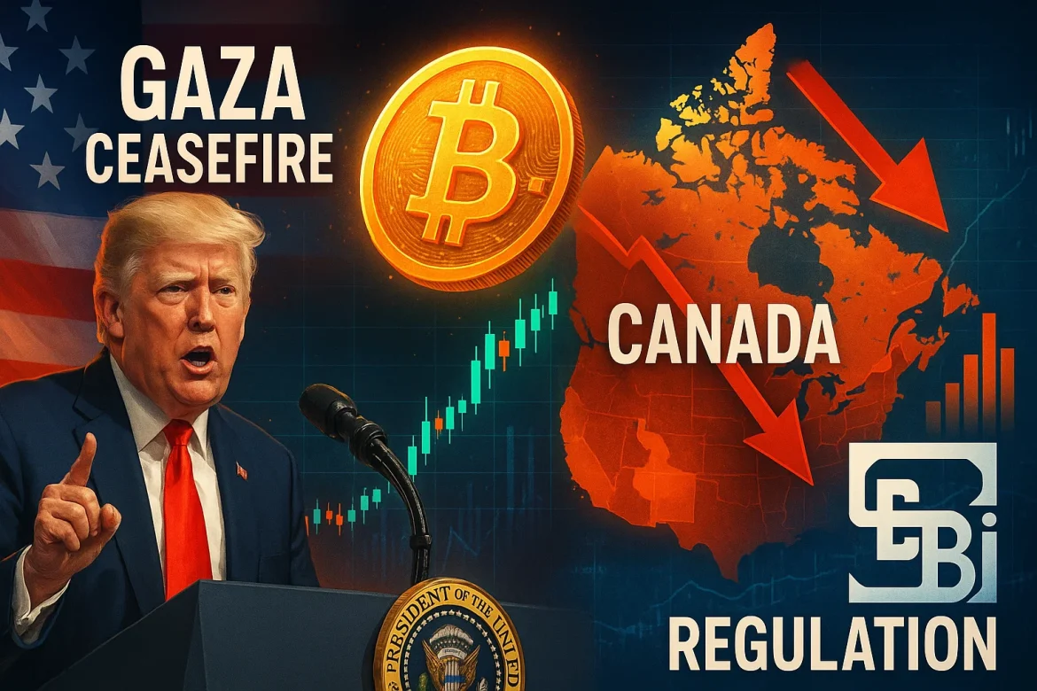 This Friday, global and domestic headlines make for a volatile mix. Trump sets a hard deadline for a Gaza ceasefire, while SEBI clarifies it won’t regulate family offices.Canada’s economy shows signs of slowdown, and Bitcoin rallies past $120,000 amid the US government shutdown. From geopolitics to markets, here’s what you need to know.<strong>A glance at major developments on Friday.</strong>Trump sets hard deadline for Hamas ceasefire<a href="https://invezz.com/news/2025/10/03/trump-sets-deadline-for-hamas-to-accept-gaza-peace-plan-warns-of-consequences/">US President Donald Trump has given Hamas a hard deadline</a>: Sunday at 6 PM Washington time to say yes to his 20-point ceasefire plan for Gaza.And he’s not mincing words as he warned that if they refuse, “all hell, like no one has ever seen before,” could break loose.The plan, which Israel’s Prime Minister Benjamin Netanyahu is on board with, calls for a bunch of big moves: an immediate ceasefire, releasing Israeli hostages, a phased pullback of Israeli troops, Hamas giving up its weapons, and a transitional government overseen by an international body led by Trump.Hamas is apparently looking it over but hasn’t said yes or no, yet. Trump also told Palestinians in Gaza to try to find safer areas, just in case the deal falls through.This deadline comes after almost two years of brutal fighting that’s killed more than 66,000 Palestinians. Trump is framing this as a “last chance” for peace in the Middle East, one way or another.SEBI rules out regulating family officesIndia’s market regulator, SEBI, has made it clear: it’s not planning to regulate family offices, despite what some recent media reports have suggested.Multiple sources confirmed that SEBI has no intentions of bringing these private investment setups, which manage wealth for ultra-rich families, under formal oversight.There have been talks about improving transparency, like asking family offices to disclose their assets, entities, and investments.But for now, nothing has been finalized, and there’s no regulatory framework in the works.SEBI says the aim is simply to make markets more transparent and manage risks from big family-run investment vehicles, not to impose full-blown regulations.Canada’s economy faces a broad slowdown<a href="https://invezz.com/news/2025/10/03/canadas-services-economy-contracts-sharply-in-september-as-jobs-decline/">Canada’s services sector took a hit in September,</a> shrinking more than expected.The Business Activity Index fell to 46.3 from 48.6 in August, its lowest point since June, and marked the sector’s tenth straight month of decline.Jobs weren’t safe either: the employment index dropped to 48.9, showing that layoffs have returned.Meanwhile, outstanding work slipped to its lowest level since June 2020, hinting that companies have more capacity than they can fill.And it’s not just services: the manufacturing sector is contracting too, painting a picture of broader economic weakness. Global trade tensions, including a US-led trade war, are also weighing on Canadian exports.Despite the challenges, there’s a silver lining: businesses are feeling a bit more optimistic about the year ahead, with the forward-looking activity index hitting an 11-month high.The Bank of Canada has already cut interest rates to 2.50% to try and give the economy a boost during this slow patch.US government shutdown ignites Bitcoin rally<a href="https://invezz.com/news/2025/10/03/what-does-the-macro-outlook-for-bitcoin-look-like/">Bitcoin has shot up past $120,000</a>, hitting its highest level in over two months, and the US government shutdown is playing a big role.With key economic data, like the nonfarm payrolls report, on hold, the Federal Reserve is expected to be somewhat “in the dark,” which could make rate cuts more likely.It’s not just Bitcoin seeing gains; other major cryptocurrencies like Ether, XRP, and Solana jumped between 4% and 7%. Traders are gearing up for higher volatility, seeing options as cheap and preparing for big price swings.This rally, sparked by the government shutdown, shows investors are leaning on Bitcoin as a hedge amid economic uncertainty, and it could be a key moment setting the stage for the next big crypto surge.The post <a href="https://invezz.com/news/2025/10/03/evening-digest-trump-sets-deadline-for-hamas-canadas-slowdown-btc-rebounds/">Evening digest: Trump sets deadline for Hamas, Canada’s slowdown, BTC rebounds</a> appeared first on <a href="https://invezz.com/">Invezz</a>